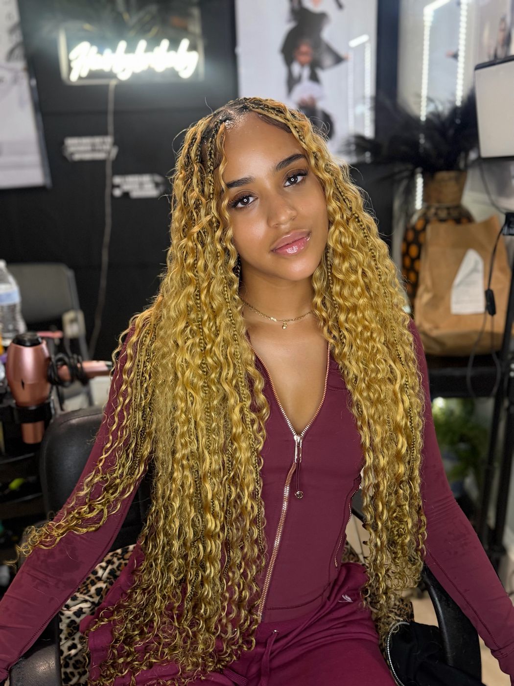 Long blonde bohemian knotless braids
